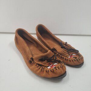 Minnetonka Thunderbird Moccasins Beaded Leather Flats Brown Vintage Women's 8.5